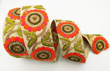 Beige Art Silk Lace Trim, Floral Embroidery in Green, Pink and Orange